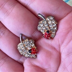Vintage Gold and Red Crystal Leaf with ladybug Earrings